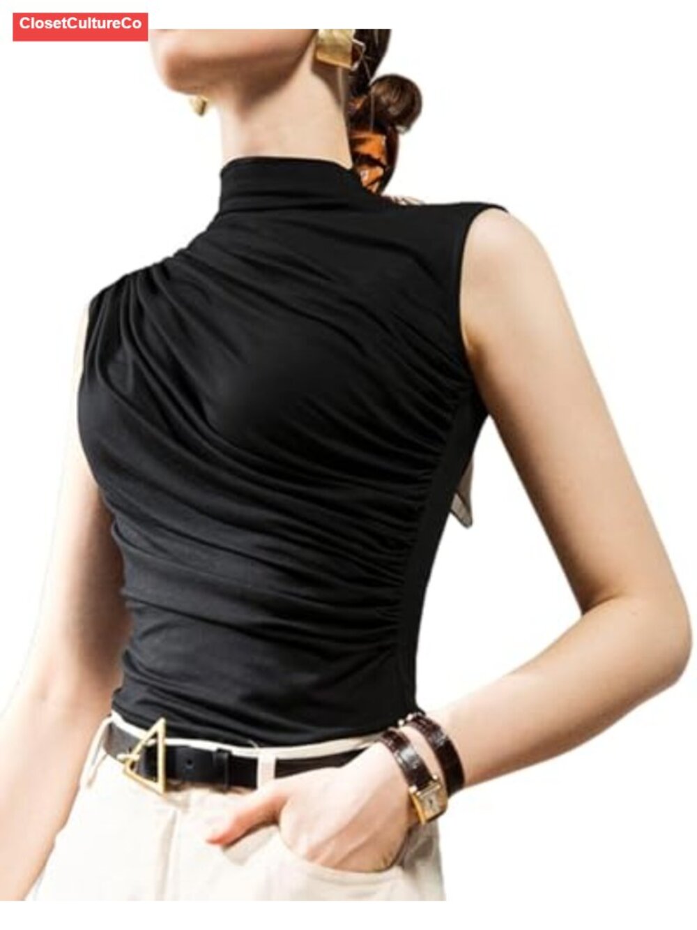 Sleeveless Ruched Mock Neck Tank Top Slim Fit Women's Blouse